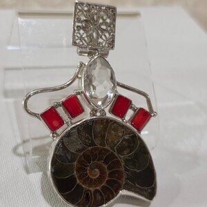 Vintage Ammonite Shell Red Coral Clear Gemstone Handmade Sterling Silver Pendant
